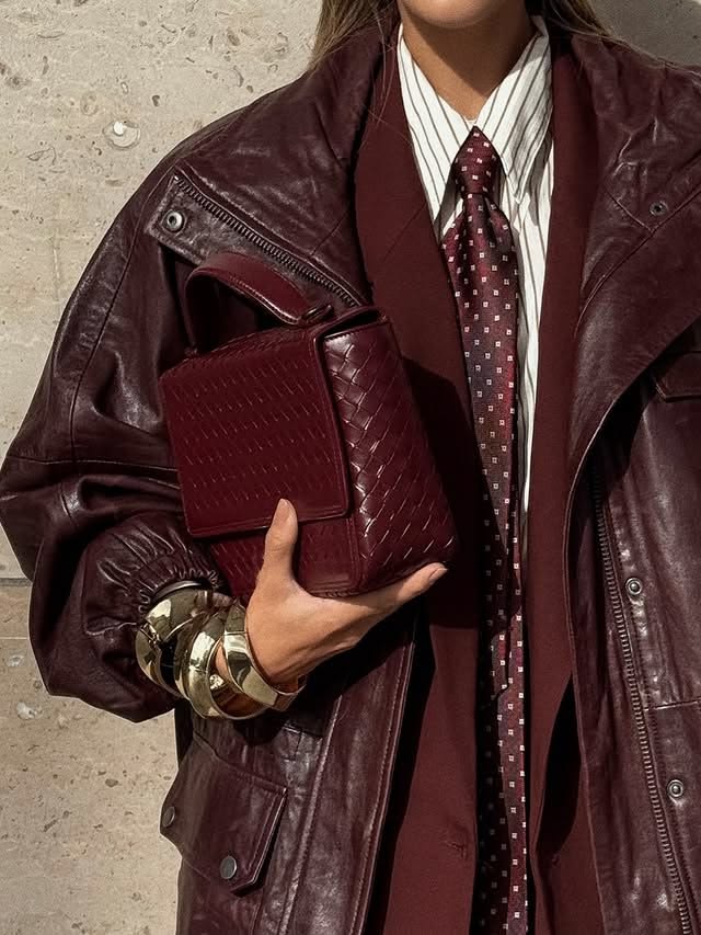 Burgundy leather and tailoring, styled at Mondays Content Co